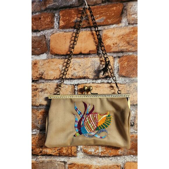 Vintage Brown Crewel Embroidered Handbag Purse -  Removable Chain -- Ocean Theme - Picture 1 of 8
